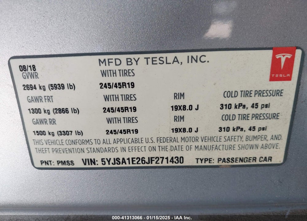 2018 TESLA MODEL S VIN: 5YJSA1E26JF271430
