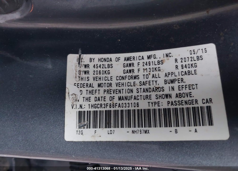 2015 HONDA ACCORD SEDAN VIN: 1HGCR3F86FA033106