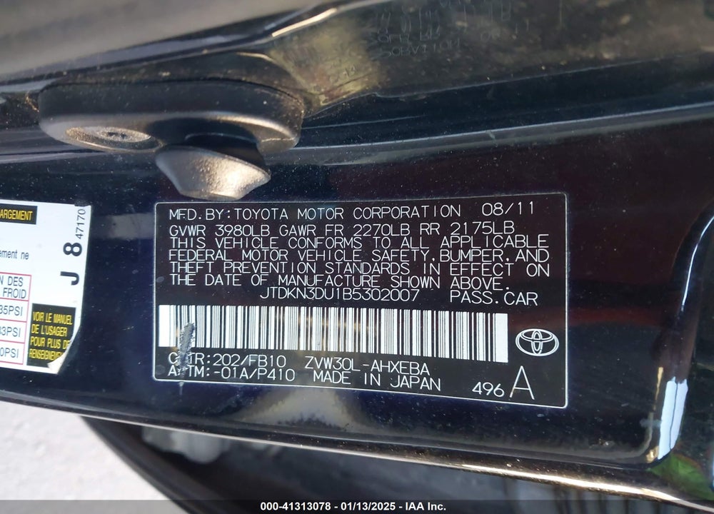 2011 TOYOTA PRIUS VIN: JTDKN3DU1B5302007