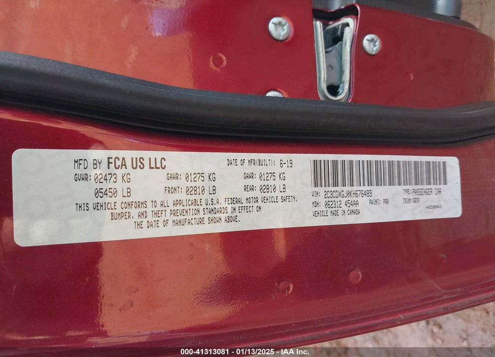 2019 DODGE CHARGER VIN: 2C3CDXGJ0KH676489