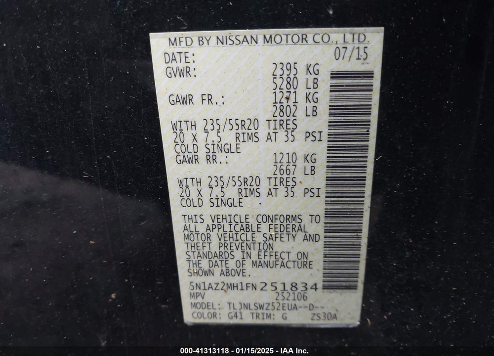 2015 NISSAN MURANO PLATINUM VIN: 5N1AZ2MH1FN251834