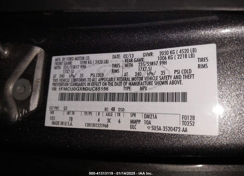 2013 FORD ESCAPE SE VIN: 1FMCU0GX8DUC85156