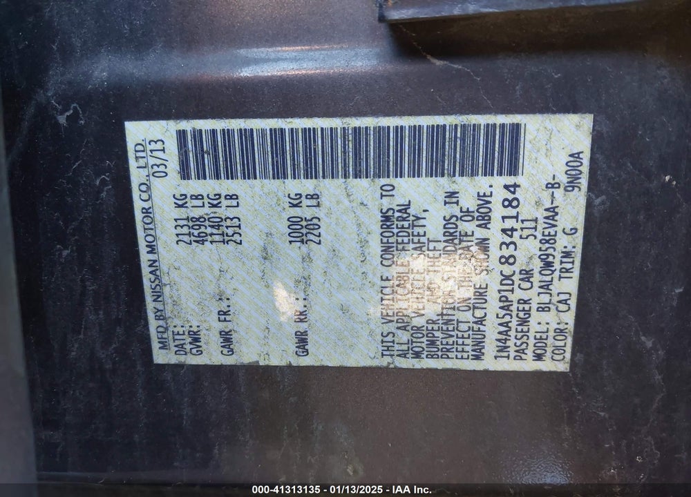 2013 NISSAN MAXIMA VIN: 1N4AA5AP1DC834184