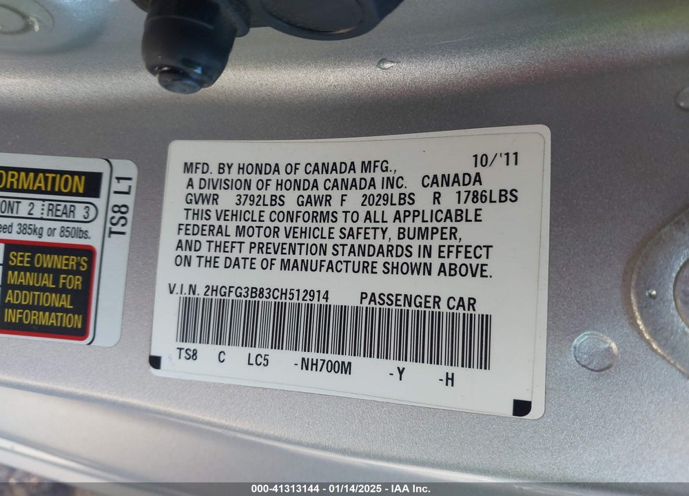2012 HONDA CIVIC CPE VIN: 2HGFG3B83CH512914
