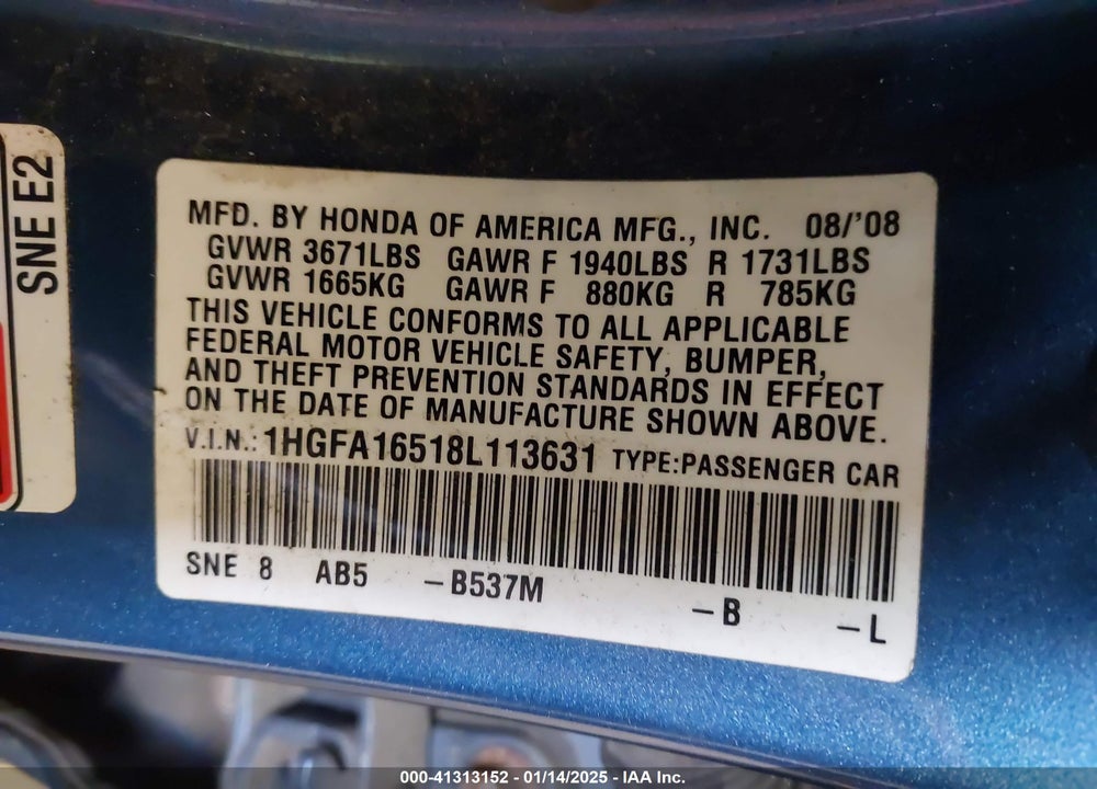 2008 HONDA CIVIC SDN VIN: 1HGFA16518L113631