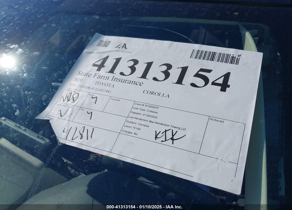 2020 TOYOTA COROLLA VIN: JTDEPRAE1LJ027481