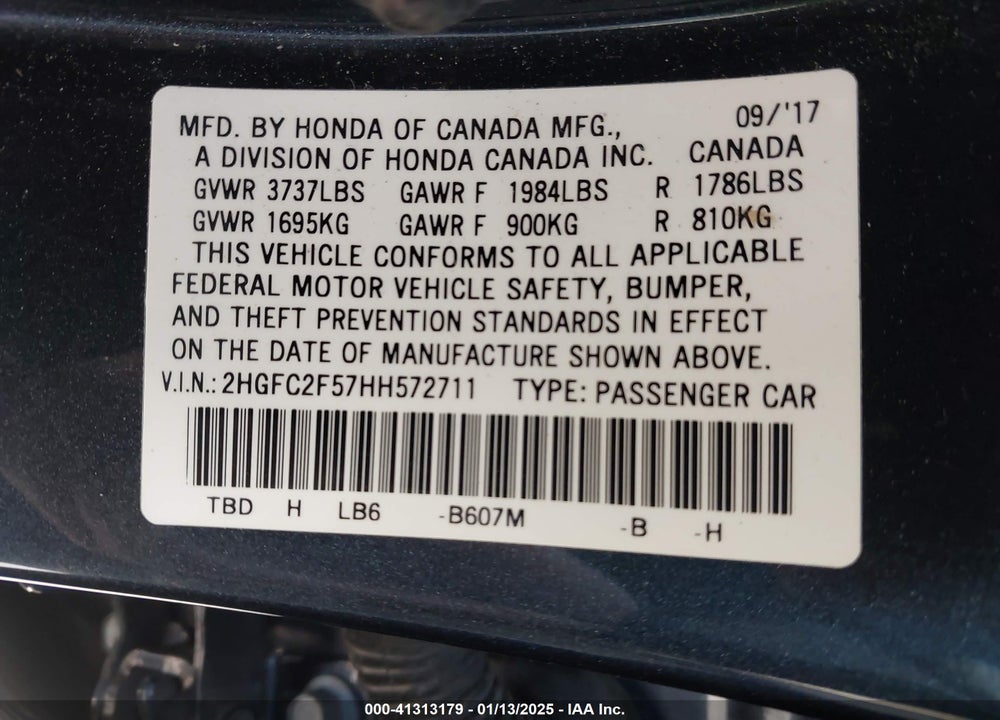 2017 HONDA CIVIC VIN: 2HGFC2F57HH572711