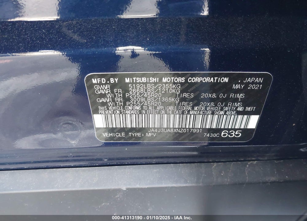 2022 MITSUBISHI OUTLANDER BLACK EDITION 2WD/SE 2.5 2WD/SE LAUNCH EDITION 2WD VIN: JA4J3UA8XNZ017991
