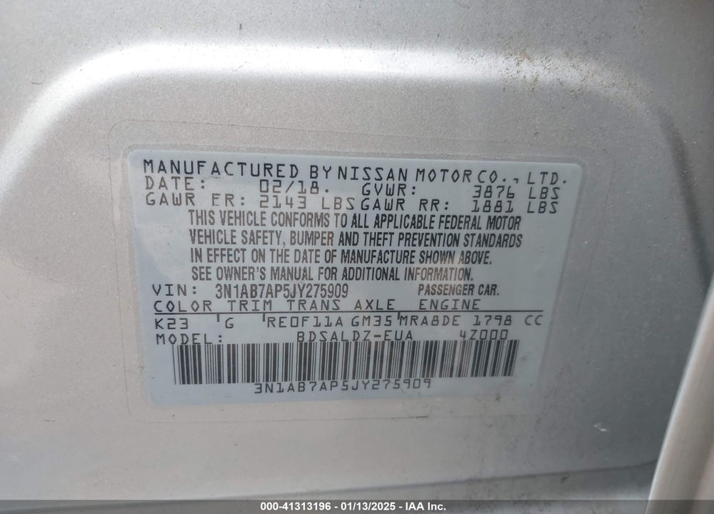 2018 NISSAN SENTRA SV VIN: 3N1AB7AP5JY275909
