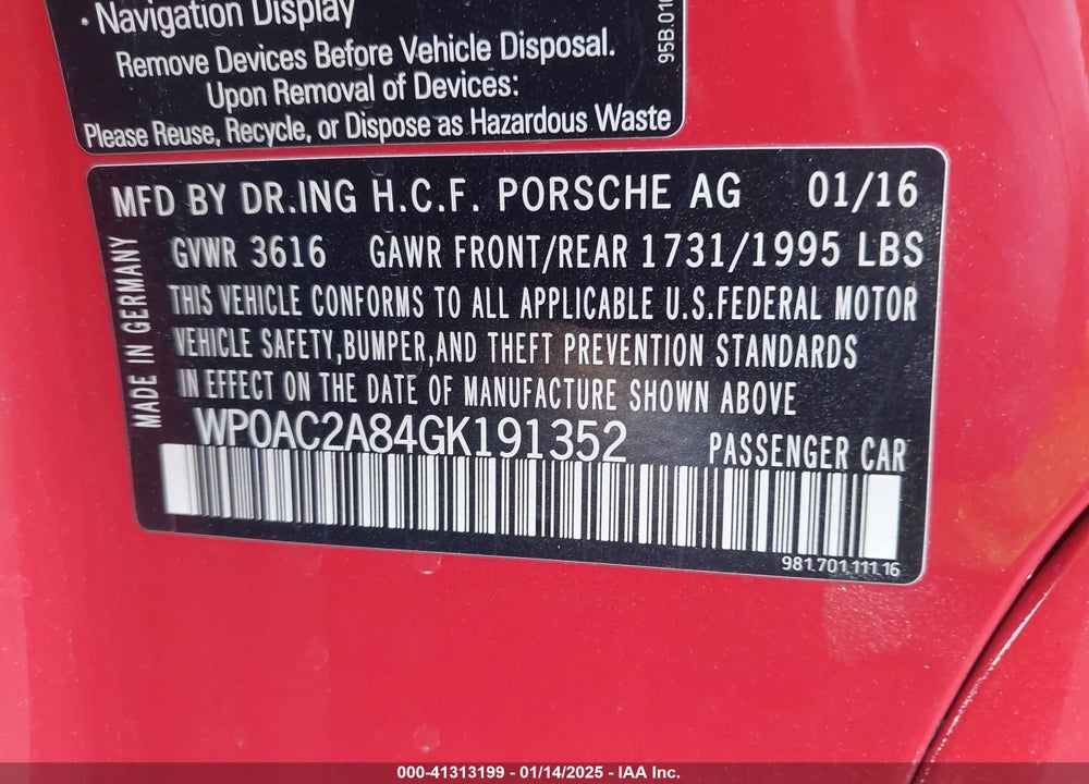 2016 PORSCHE CAYMAN VIN: WP0AC2A84GK191352