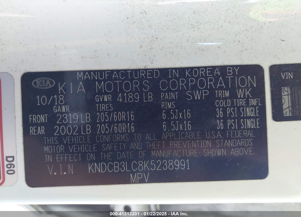 2019 KIA NIRO LX VIN: KNDCB3LC8K5238991