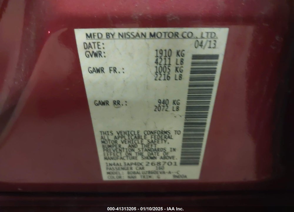 2013 NISSAN ALTIMA 2.5 SV VIN: 1N4AL3AP4DC268701