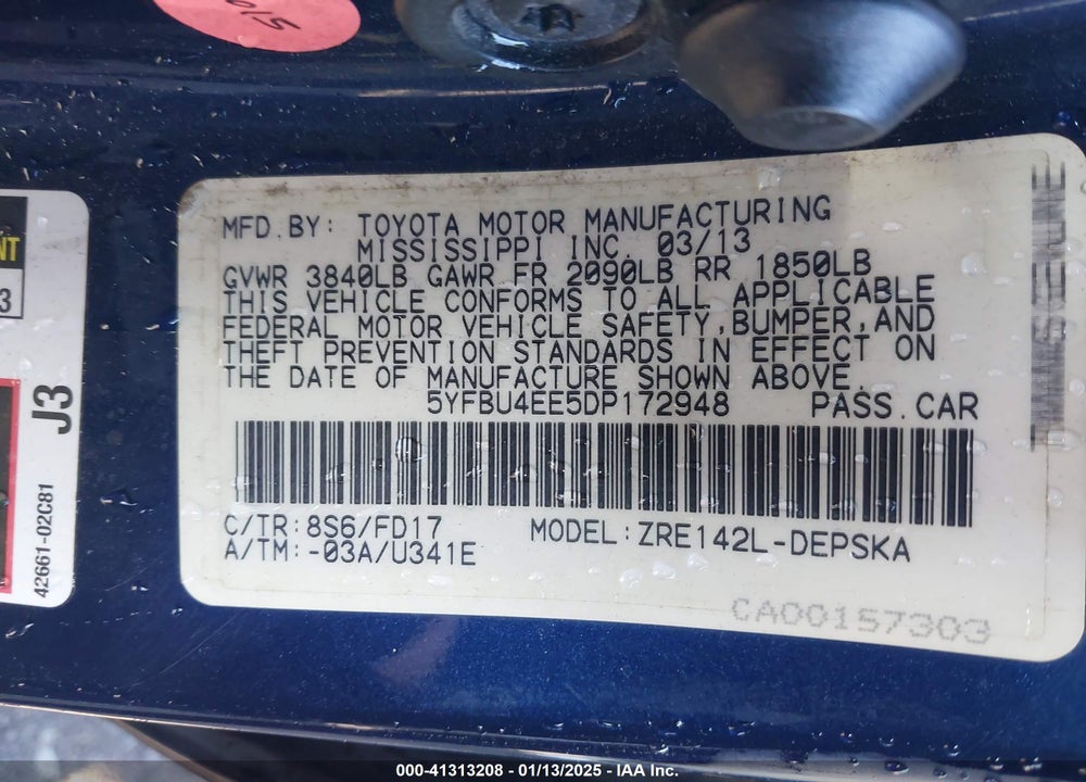 2013 TOYOTA COROLLA VIN: 5YFBU4EE5DP172948