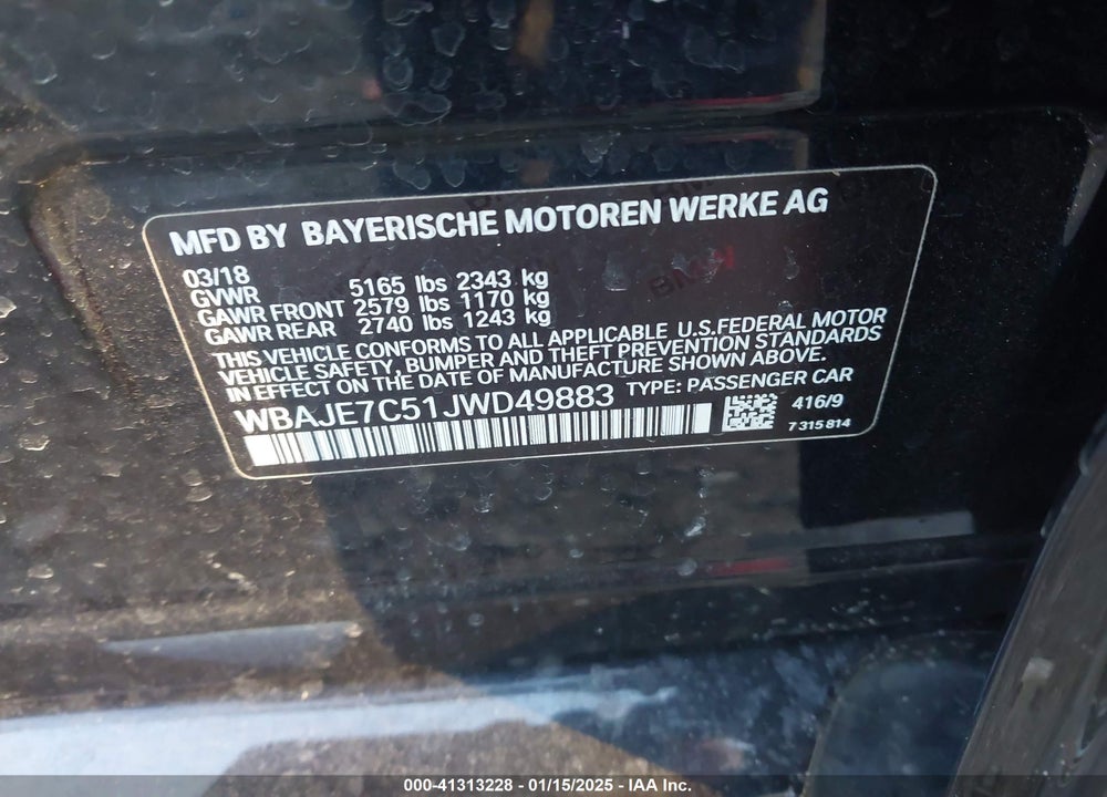 2018 BMW 540 VIN: WBAJE7C51JWD49883