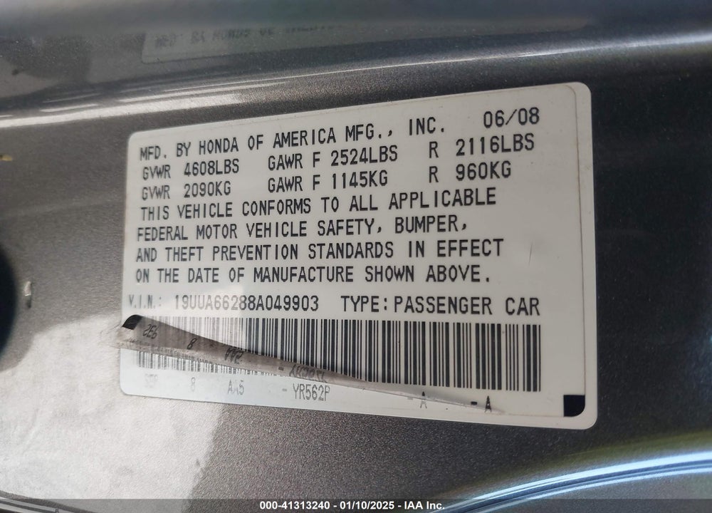 2008 ACURA TL 3.2 VIN: 19UUA66288A049903