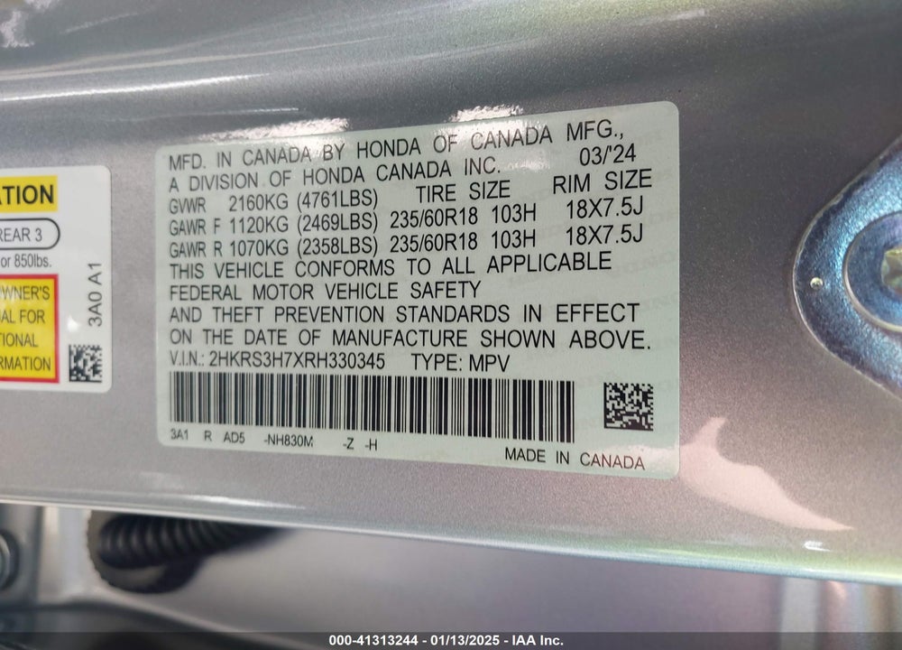 2024 HONDA CR-V EX-L 2WD VIN: 2HKRS3H7XRH330345