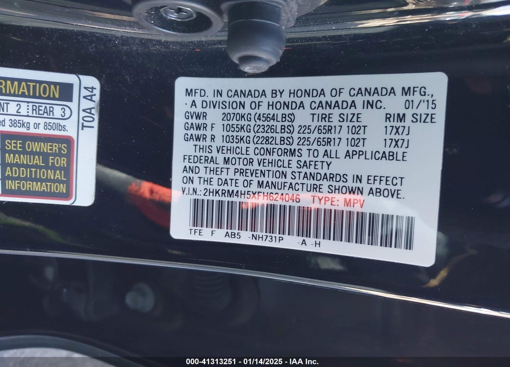 2015 HONDA CR-V EX VIN: 2HKRM4H5XFH624046