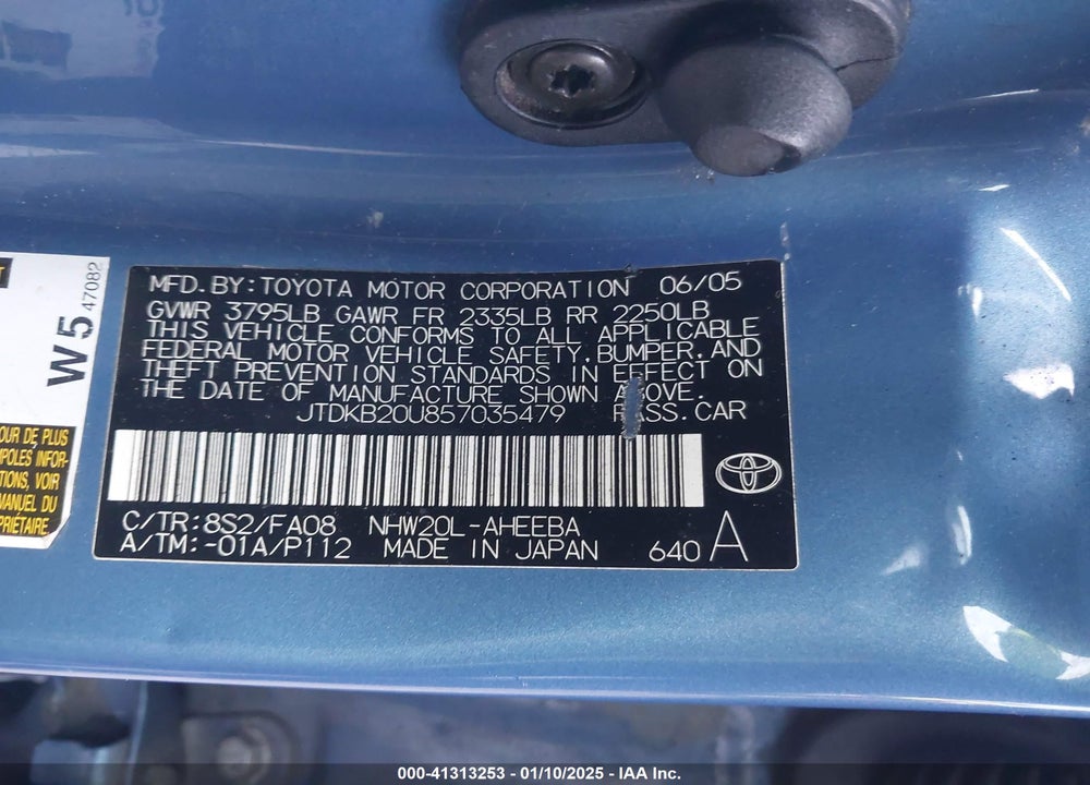 2005 TOYOTA PRIUS VIN: JTDKB20U857035479