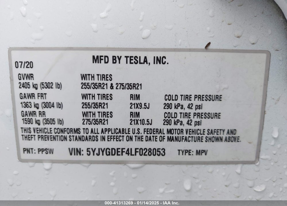 2020 TESLA MODEL Y LONG RANGE DUAL MOTOR ALL-WHEEL DRIVE/PERFORMANCE DUAL MOTOR ALL-WHEEL DRIVE VIN: 5YJYGDEF4LF028053
