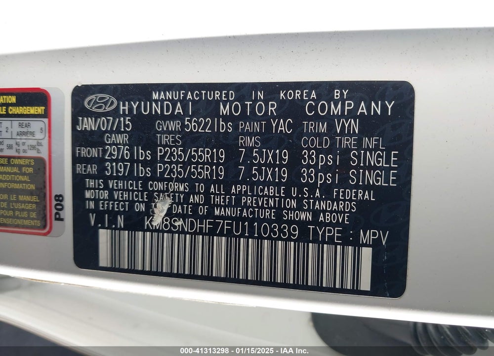 2015 HYUNDAI SANTA FE GLS VIN: KM8SNDHF7FU110339
