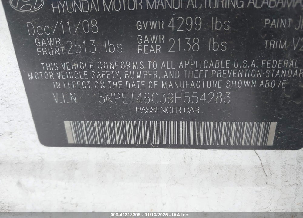 2009 HYUNDAI SONATA GLS VIN: 5NPET46C39H554283