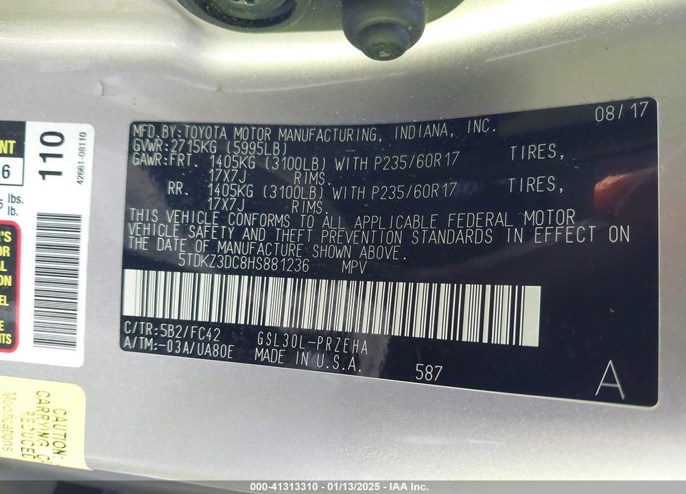 2017 TOYOTA SIENNA VIN: 5TDKZ3DC8HS881236