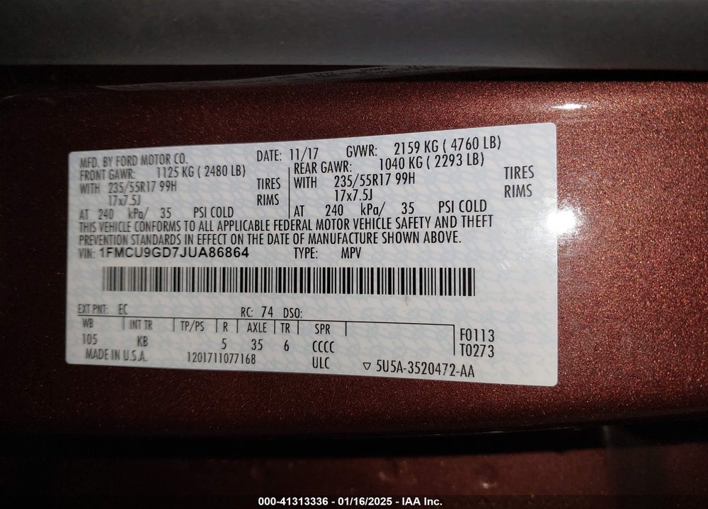 2018 FORD ESCAPE SE VIN: 1FMCU9GD7JUA86864
