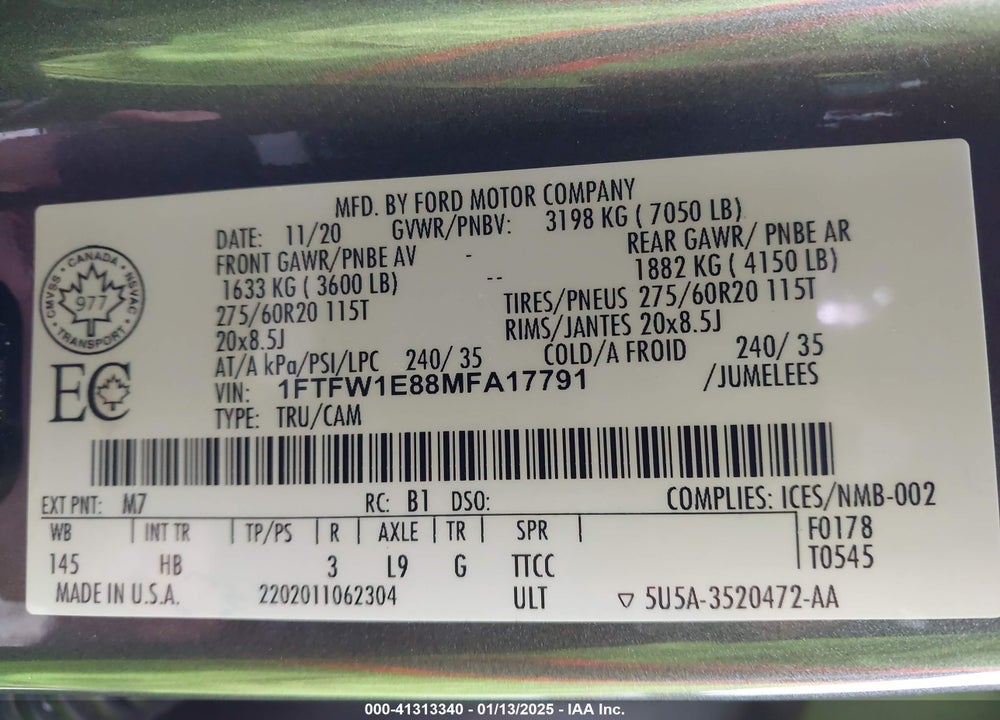 2021 FORD F-150 LARIAT VIN: 1FTFW1E88MFA17791
