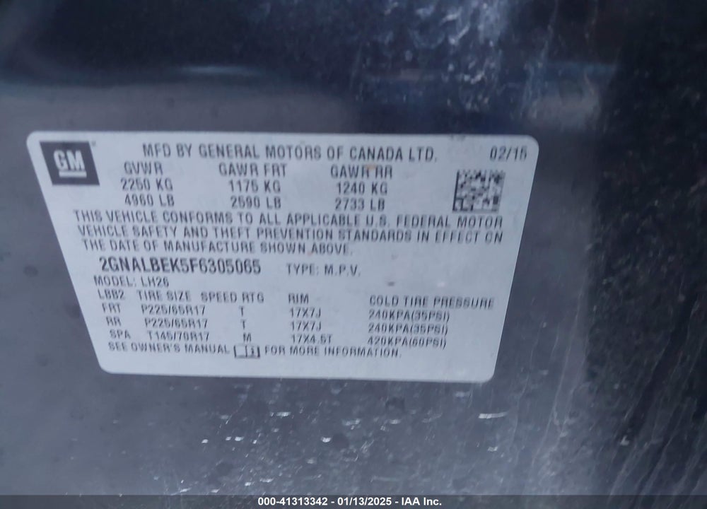 2015 CHEVROLET EQUINOX LT VIN: 2GNALBEK5F6305065