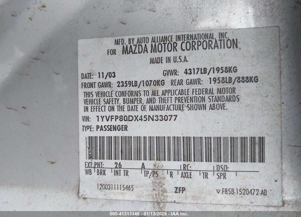 2004 MAZDA 6 S VIN: 1YVFP80DX45N33077