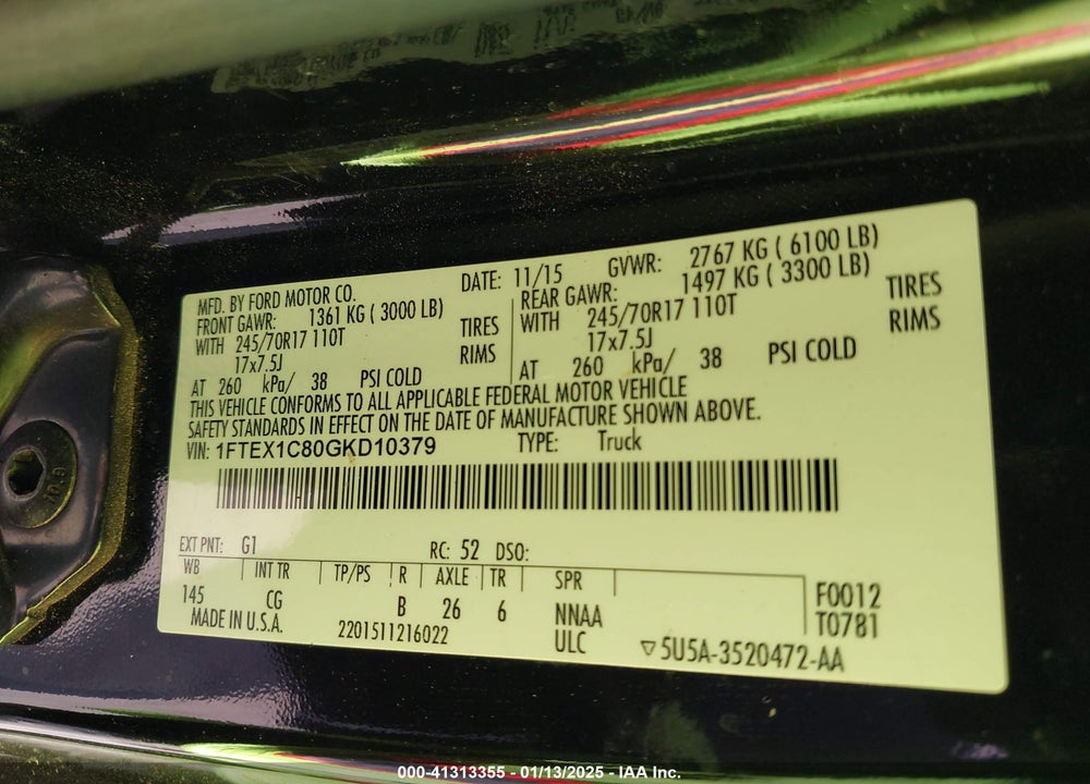 2016 FORD F-150 VIN: 1FTEX1C80GKD10379
