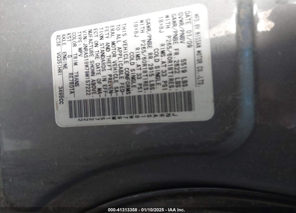 2009 INFINITI FX35 VIN: JNRAS18W79M157222