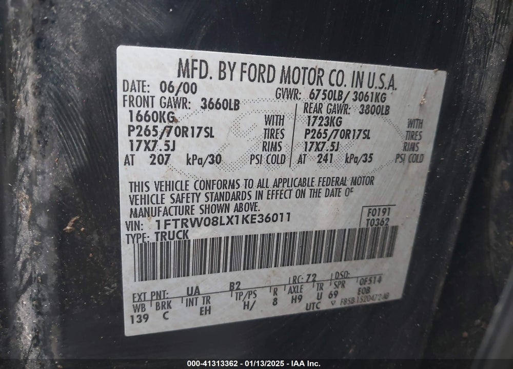 2001 FORD F-150 KING RANCH EDITION/LARIAT/XLT VIN: 1FTRW08LX1KE36011