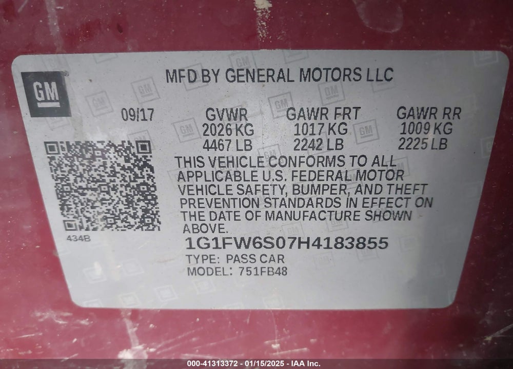2017 CHEVROLET BOLT EV LT VIN: 1G1FW6S07H4183855