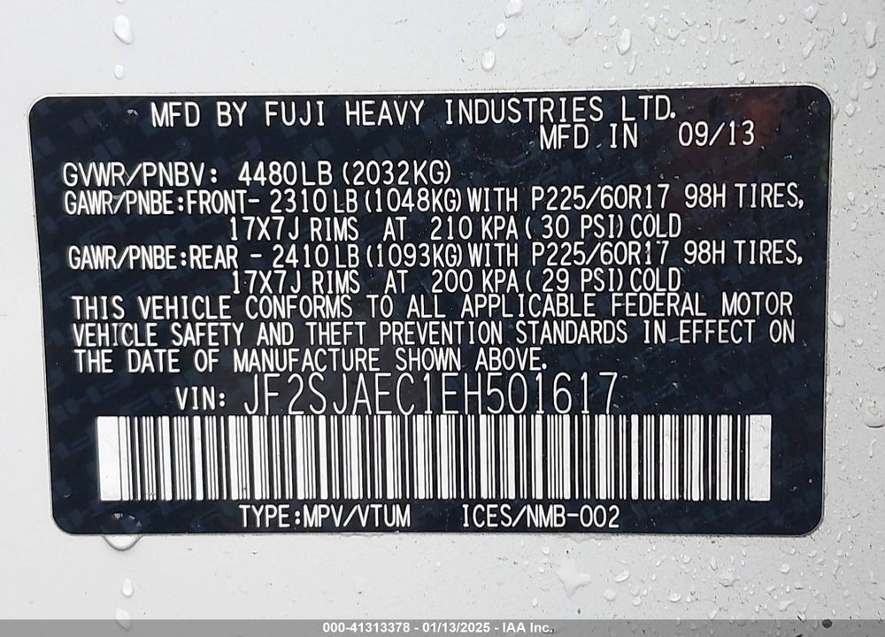 2014 SUBARU FORESTER 2.5I PREMIUM VIN: JF2SJAEC1EH501617