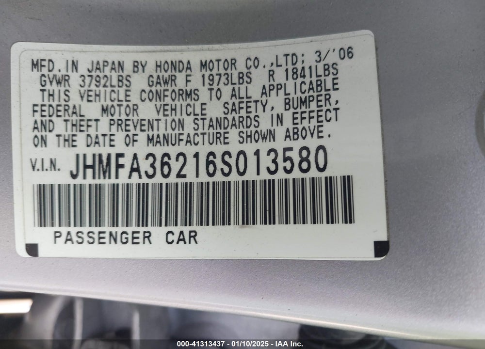 2006 HONDA CIVIC HYBRID VIN: JHMFA36216S013580