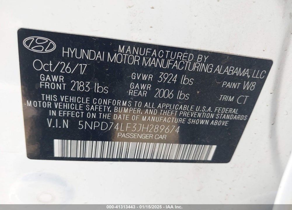 2018 HYUNDAI ELANTRA VIN: 5NPD74LF3JH289674