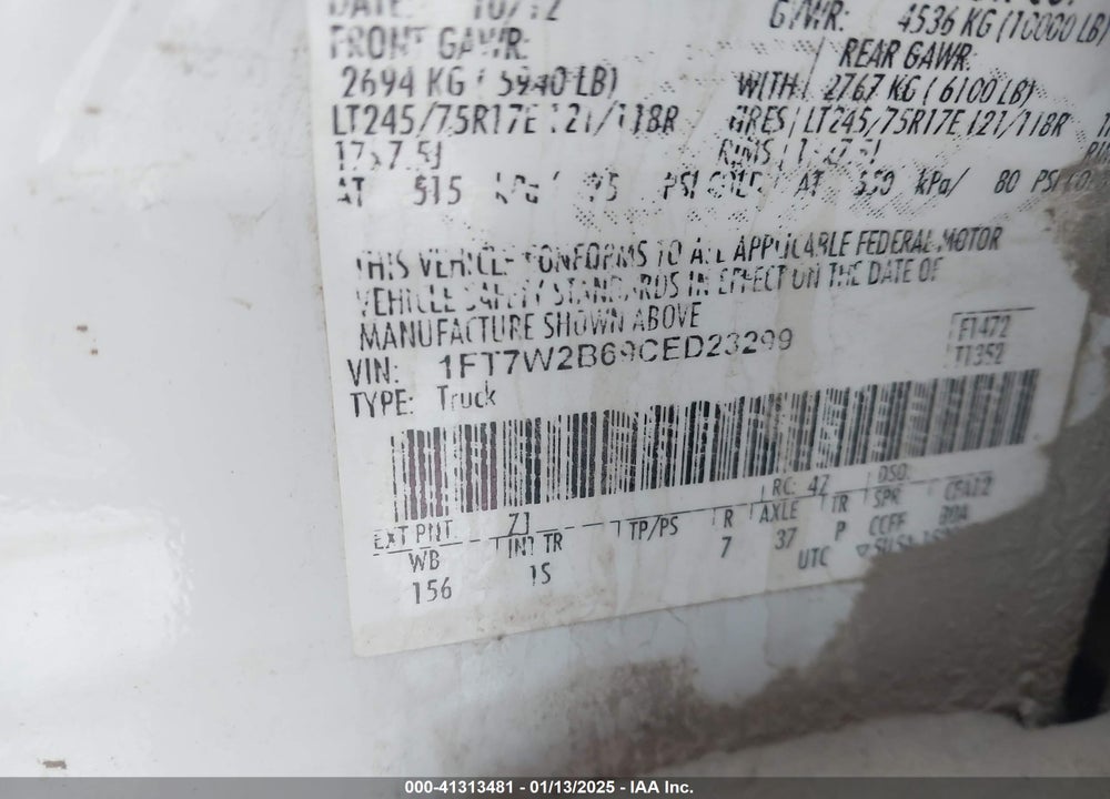 2012 FORD F-250 VIN: 1FT7W2B69CED23299