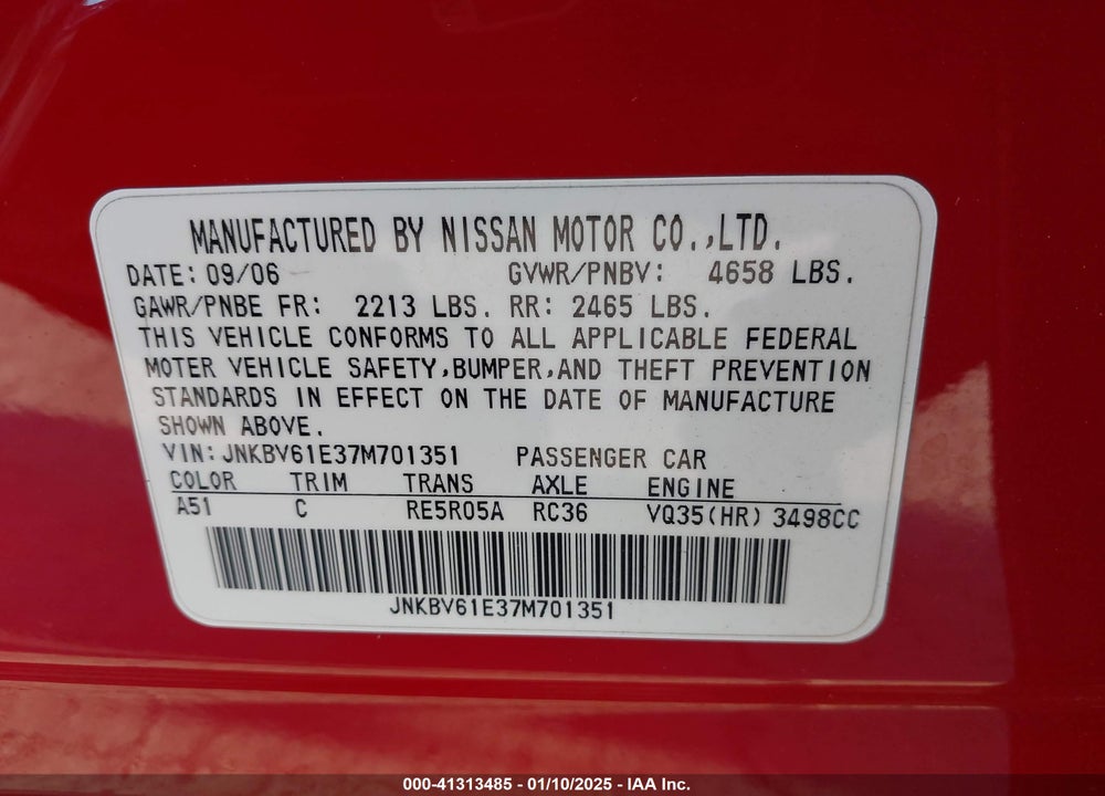 2007 INFINITI G35 JOURNEY VIN: JNKBV61E37M701351