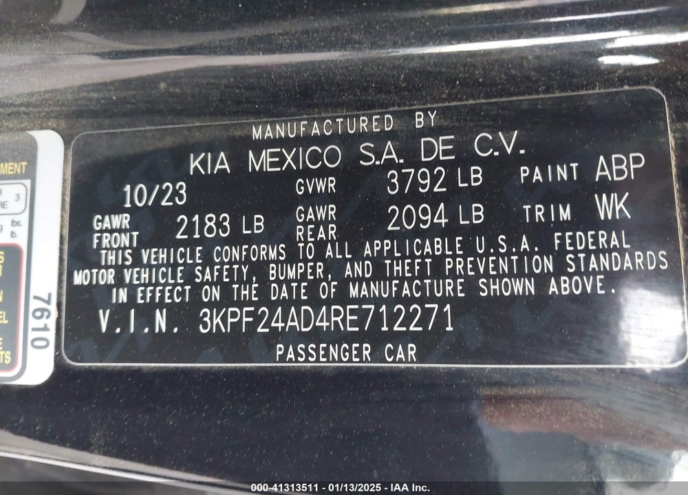 2024 KIA FORTE LXS VIN: 3KPF24AD4RE712271