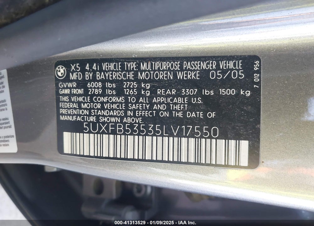 2005 BMW X5 4.4I VIN: 5UXFB53535LV17550