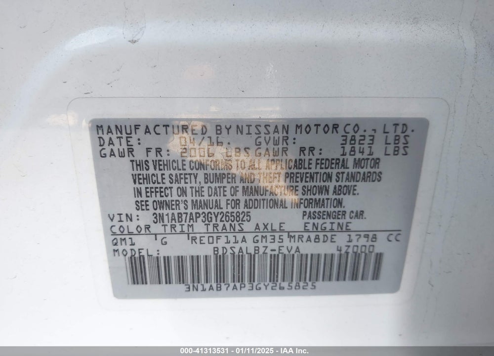 2016 NISSAN SENTRA S VIN: 3N1AB7AP3GY265825