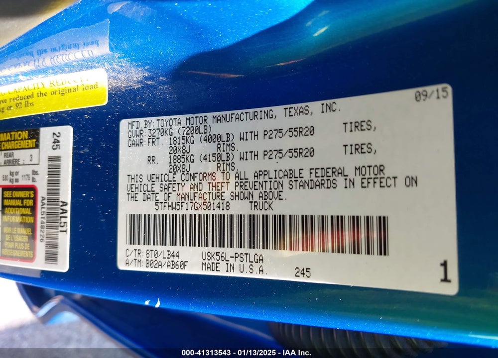 2016 TOYOTA TUNDRA VIN: 5TFHW5F17GX501418