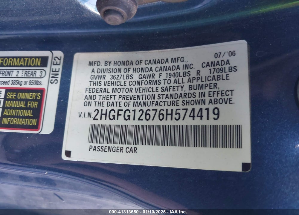 2006 HONDA CIVIC LX VIN: 2HGFG12676H574419