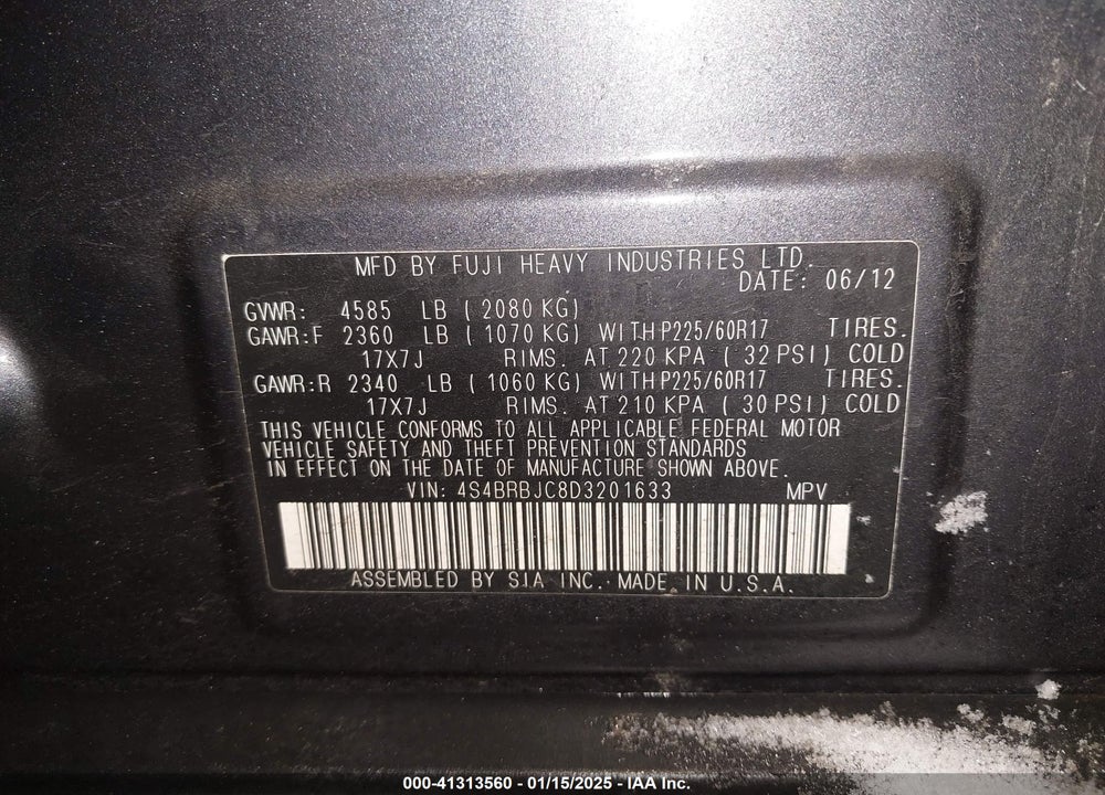 2013 SUBARU OUTBACK 2.5I LIMITED VIN: 4S4BRBJC8D3201633