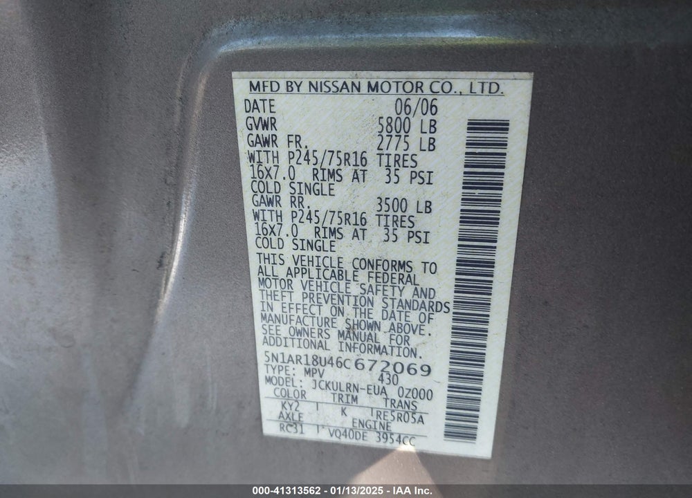 2006 NISSAN PATHFINDER S VIN: 5N1AR18U46C672069