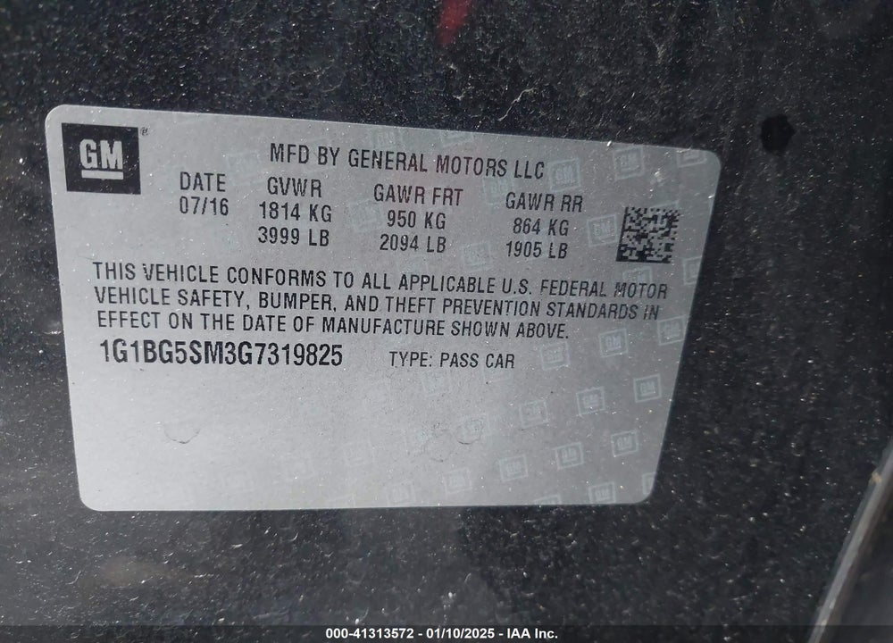 2016 CHEVROLET CRUZE VIN: 1G1BG5SM3G7319825