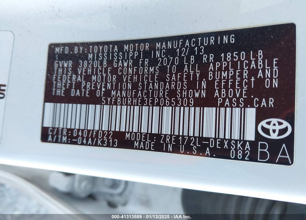 2014 TOYOTA COROLLA VIN: 5YFBURHE3EP065309