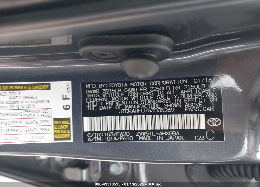 2016 TOYOTA PRIUS VIN: JTDKARFU7G3505269