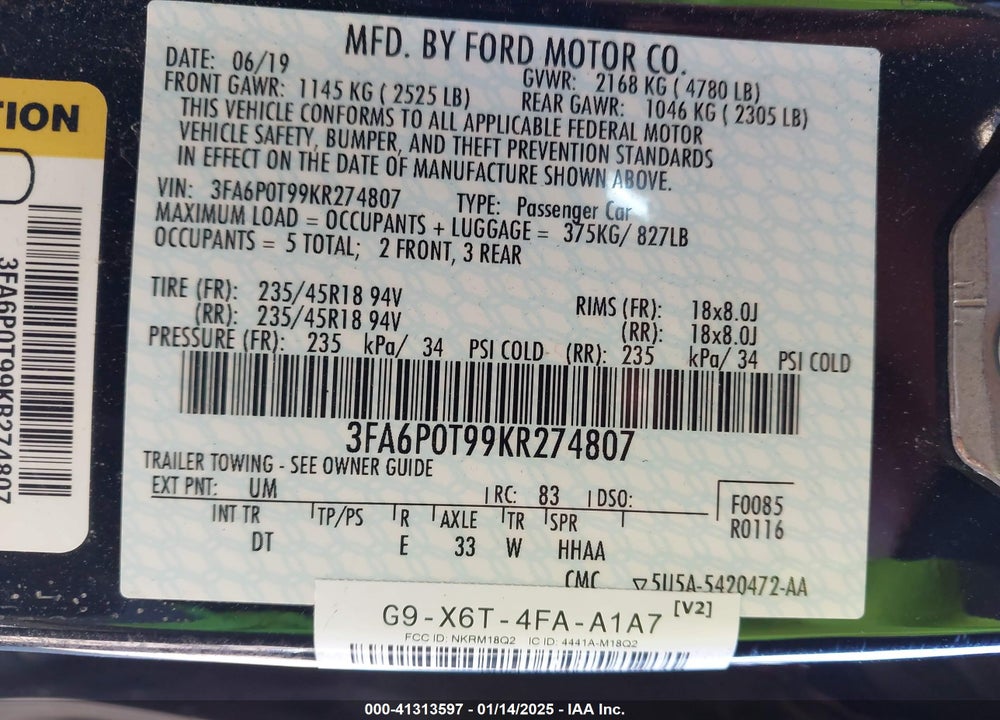 2019 FORD FUSION SE VIN: 3FA6P0T99KR274807